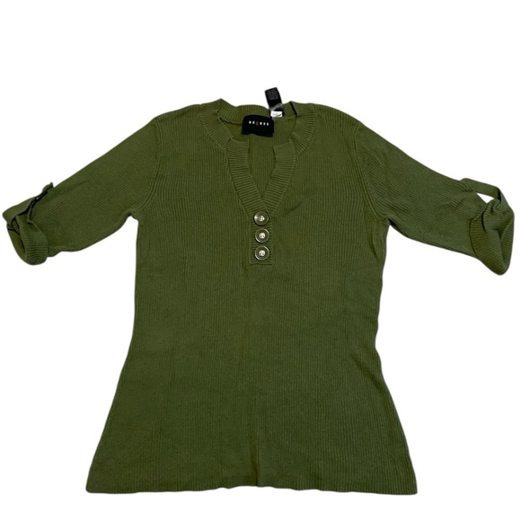 Axcess Tops - Y2K Axcess Ribbed Knit Tunic Top Olive Green 3/4 Sleeve Henley M 100% Cotton